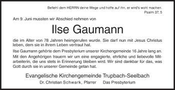 Traueranzeige von Ilse Gaumann von Siegener Zeitung
