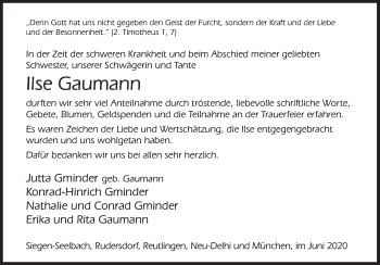 Traueranzeige von Ilse Gaumann von Siegener Zeitung