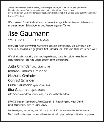 Traueranzeige von Ilse Gaumann von Siegener Zeitung