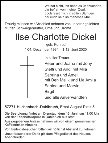 Traueranzeige von Ilse Charlotte Dickel von Siegener Zeitung