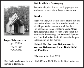 Traueranzeige von Inge Griesenbruch von Siegener Zeitung