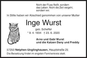 Traueranzeige von Inge Wurst von Siegener Zeitung