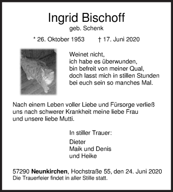 Traueranzeige von Ingrid Bischoff von Siegener Zeitung