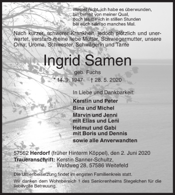 Traueranzeige von Ingrid Samen von Siegener Zeitung