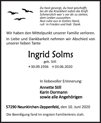 Traueranzeige von Ingrid Solms von Siegener Zeitung