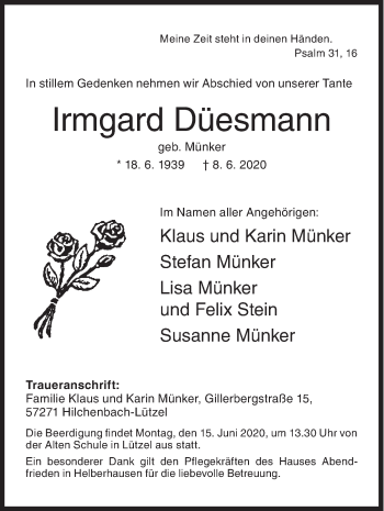Traueranzeige von Irmgard Düesmann von Siegener Zeitung