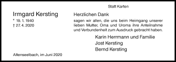 Traueranzeige von Irmgard Kersting von Siegener Zeitung