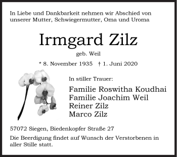 Traueranzeige von Irmgard Zilz von Siegener Zeitung