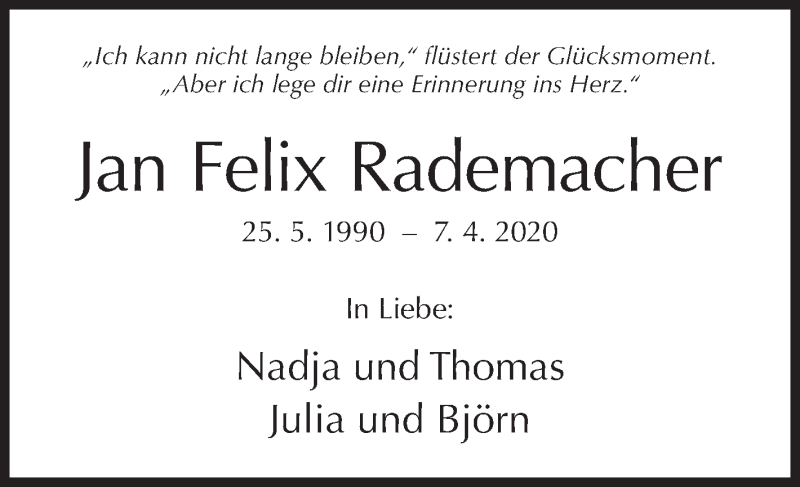  Traueranzeige für Jan Felix Rademacher vom 27.06.2020 aus Siegener Zeitung