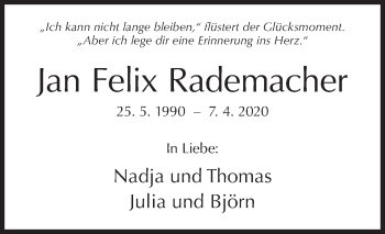 Traueranzeige von Jan Felix Rademacher von Siegener Zeitung