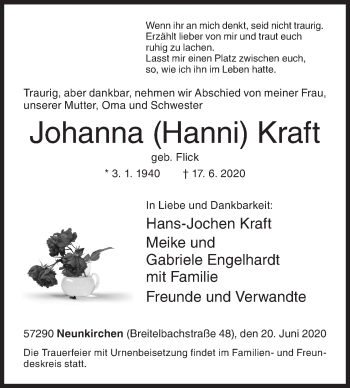 Traueranzeige von Johanna Kraft von Siegener Zeitung