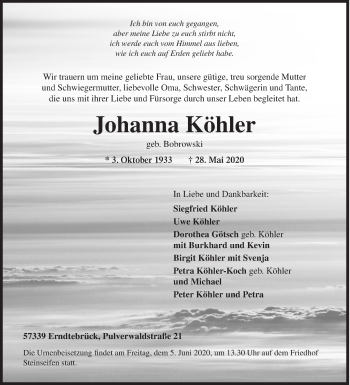Traueranzeige von Johanna Köhler von Siegener Zeitung
