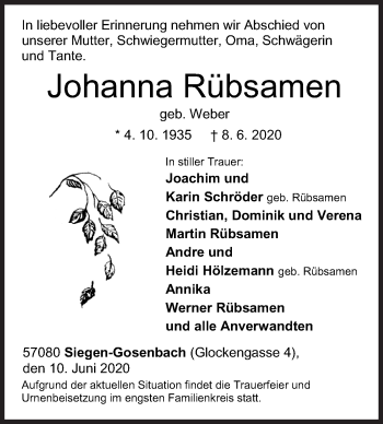 Traueranzeige von Johanna Rübsamen von Siegener Zeitung
