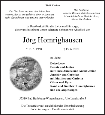 Traueranzeige von Jörg Homrighausen von Siegener Zeitung