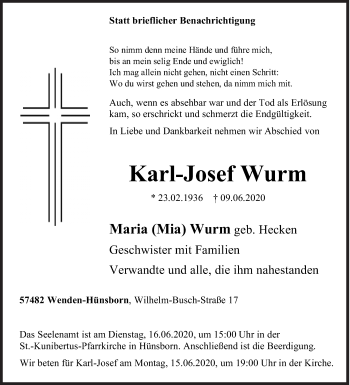 Traueranzeige von Karl-Josef Wurm von Siegener Zeitung