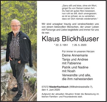 Traueranzeige von Klaus Blickhäuser von Siegener Zeitung
