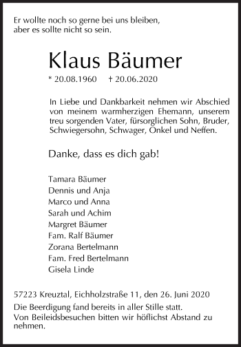 Traueranzeige von Klaus Bäumer von Siegener Zeitung
