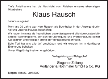 Traueranzeige von Klaus Rausch von Siegener Zeitung