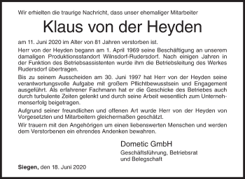 Traueranzeige von Klaus von der Heyden von Siegener Zeitung