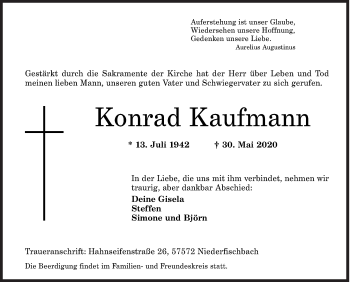 Traueranzeige von Konrad Kaufmann von Siegener Zeitung