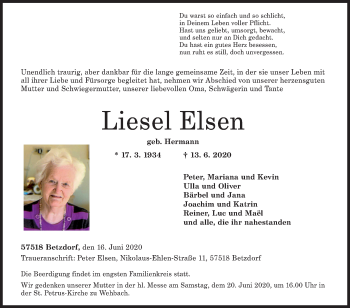 Traueranzeige von Liesel Elsen von Siegener Zeitung