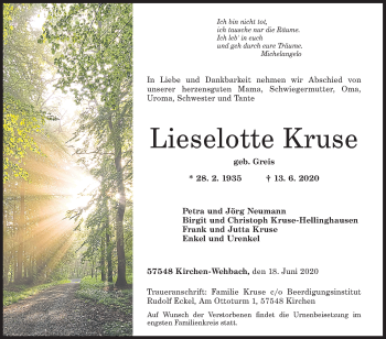 Traueranzeige von Lieselotte Kruse von Siegener Zeitung