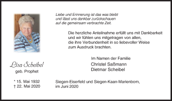 Traueranzeige von Lisa Scheibel von Siegener Zeitung