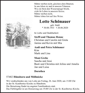 Traueranzeige von Lotte Schönauer von Siegener Zeitung