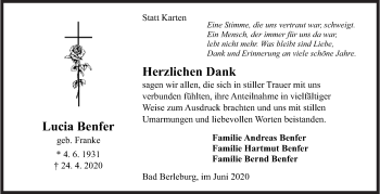 Traueranzeige von Lucia Benfer von Siegener Zeitung