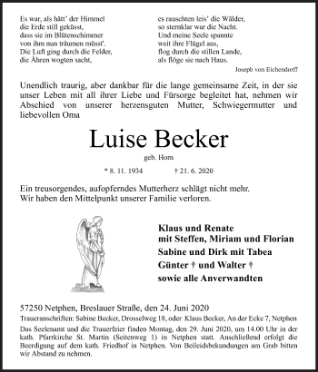 Traueranzeige von Luise Becker von Siegener Zeitung
