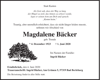 Traueranzeige von Magdalene Bäcker von Siegener Zeitung