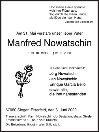 Traueranzeige von Manfred Nowatschin von Siegener Zeitung