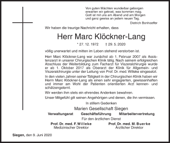 Traueranzeige von Marc Klöckner-Lang von Siegener Zeitung