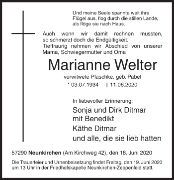 Traueranzeige von Marianne Welter von Siegener Zeitung