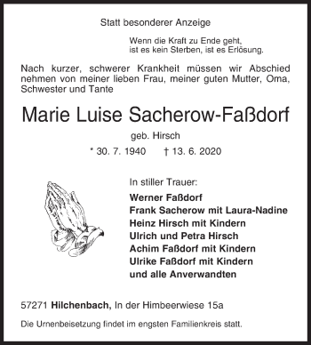 Traueranzeige von Marie Luise Sacherow-Faßdorf von Siegener Zeitung