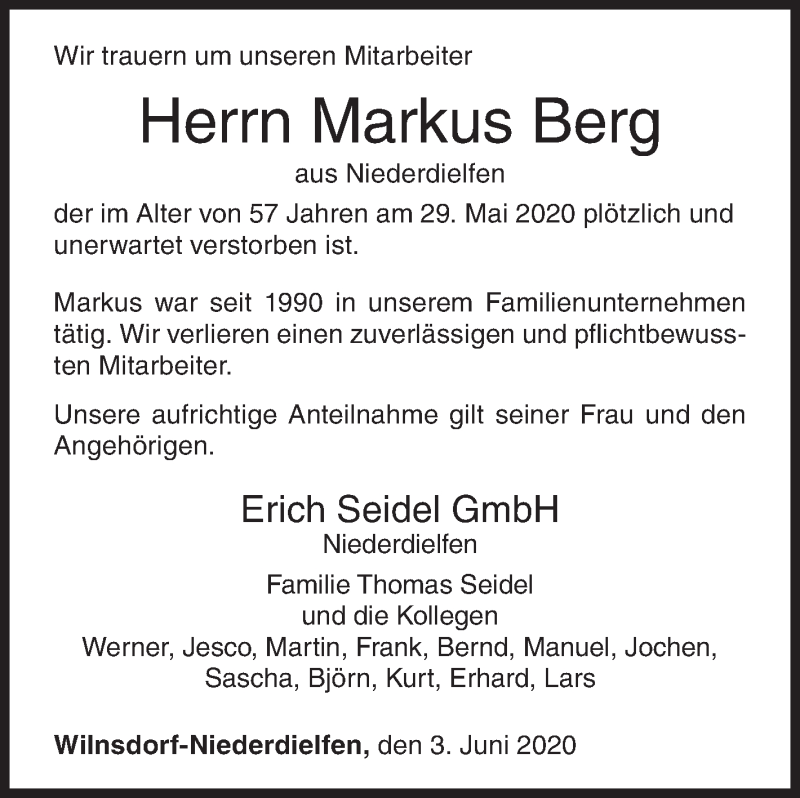  Traueranzeige für Markus Berg vom 03.06.2020 aus Siegener Zeitung