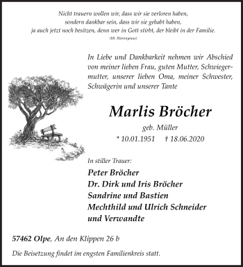 Traueranzeige von Marlis Bröcher von Siegener Zeitung