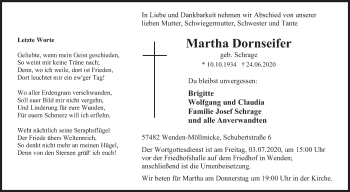 Traueranzeige von Martha Dornseifer von Siegener Zeitung