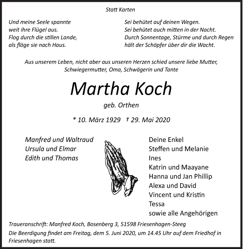  Traueranzeige für Martha Koch vom 02.06.2020 aus Siegener Zeitung