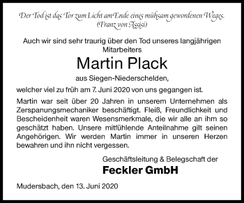Traueranzeige von Martin Plack von Siegener Zeitung