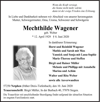Traueranzeige von Mechthilde Wagener von Siegener Zeitung