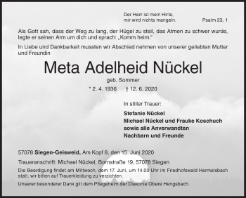Traueranzeige von Meta Adelheid Nückel von Siegener Zeitung