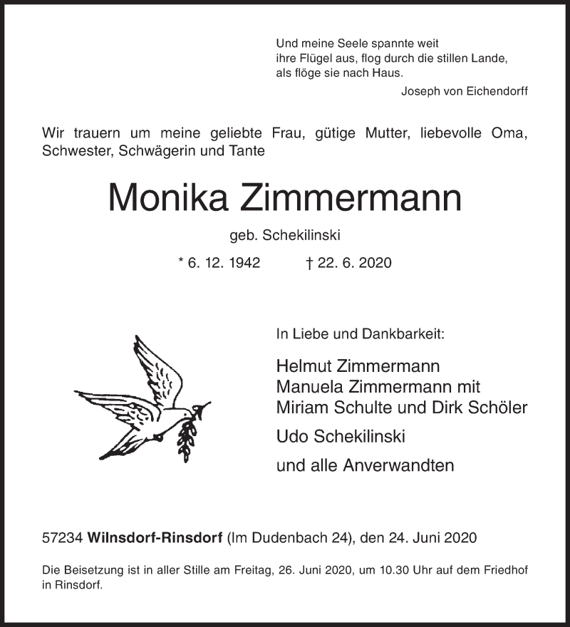  Traueranzeige für Monika Zimmermann vom 24.06.2020 aus Siegener Zeitung