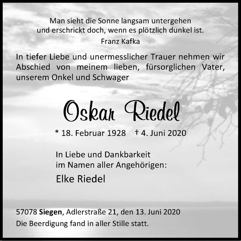  Traueranzeige für Oskar Riedel vom 13.06.2020 aus Siegener Zeitung
