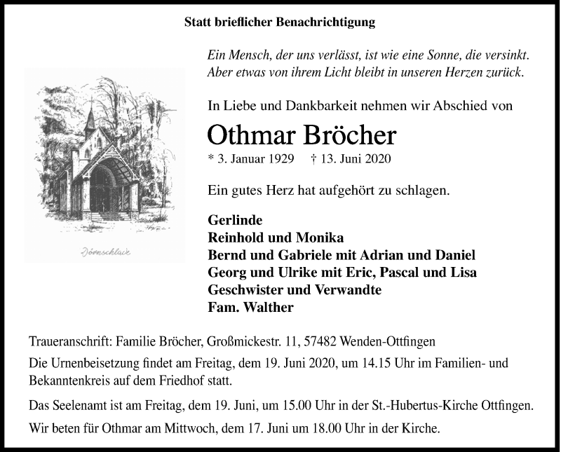  Traueranzeige für Othmar Bröcher vom 16.06.2020 aus Siegener Zeitung