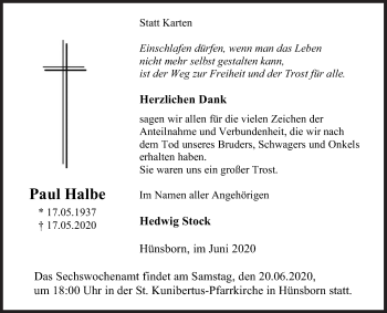 Traueranzeige von Paul Halbe von Siegener Zeitung