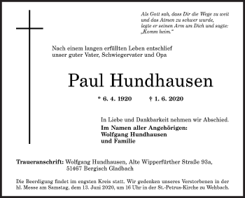 Traueranzeige von Paul Hundhausen von Siegener Zeitung