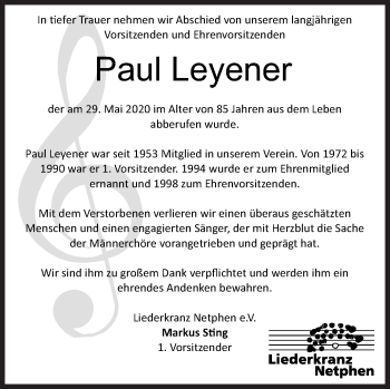 Traueranzeige von Paul Leyener von Siegener Zeitung