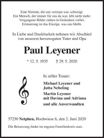 Traueranzeige von Paul Leyener von Siegener Zeitung