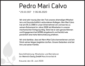 Traueranzeige von Pedro Mari Calvo von Siegener Zeitung